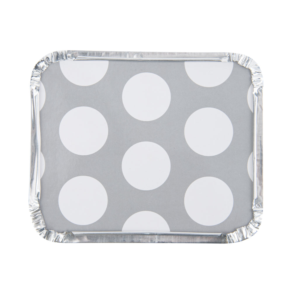 Foil Lux 12 oz Rectangle Silver Aluminum Take Out Container - Polka Dot Paper Lid - 5 3/4" x 4 3/4" x 1 3/4" - 50 count box