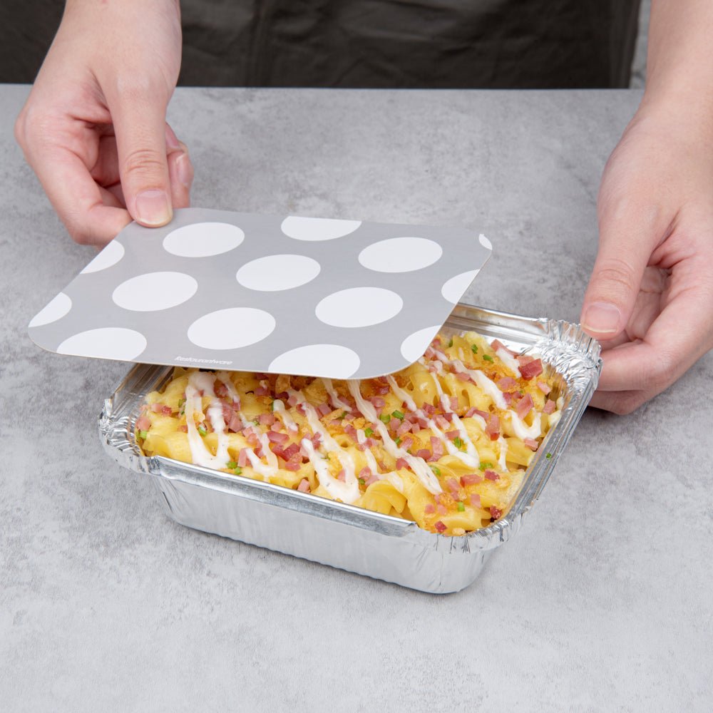 Foil Lux 12 oz Rectangle Silver Aluminum Take Out Container - Polka Dot Paper Lid - 5 3/4" x 4 3/4" x 1 3/4" - 50 count box