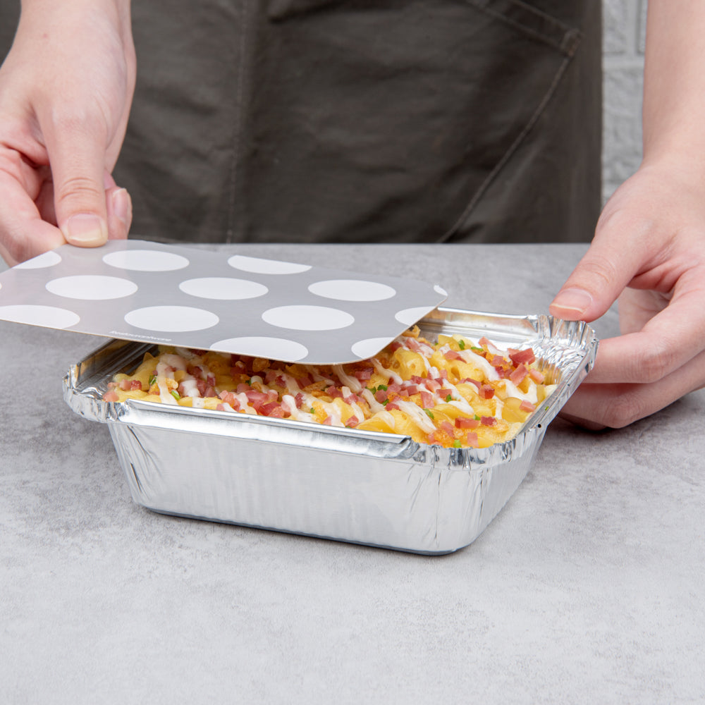 Foil Lux 12 oz Rectangle Silver Aluminum Take Out Container - Polka Dot Paper Lid - 5 3/4" x 4 3/4" x 1 3/4" - 50 count box