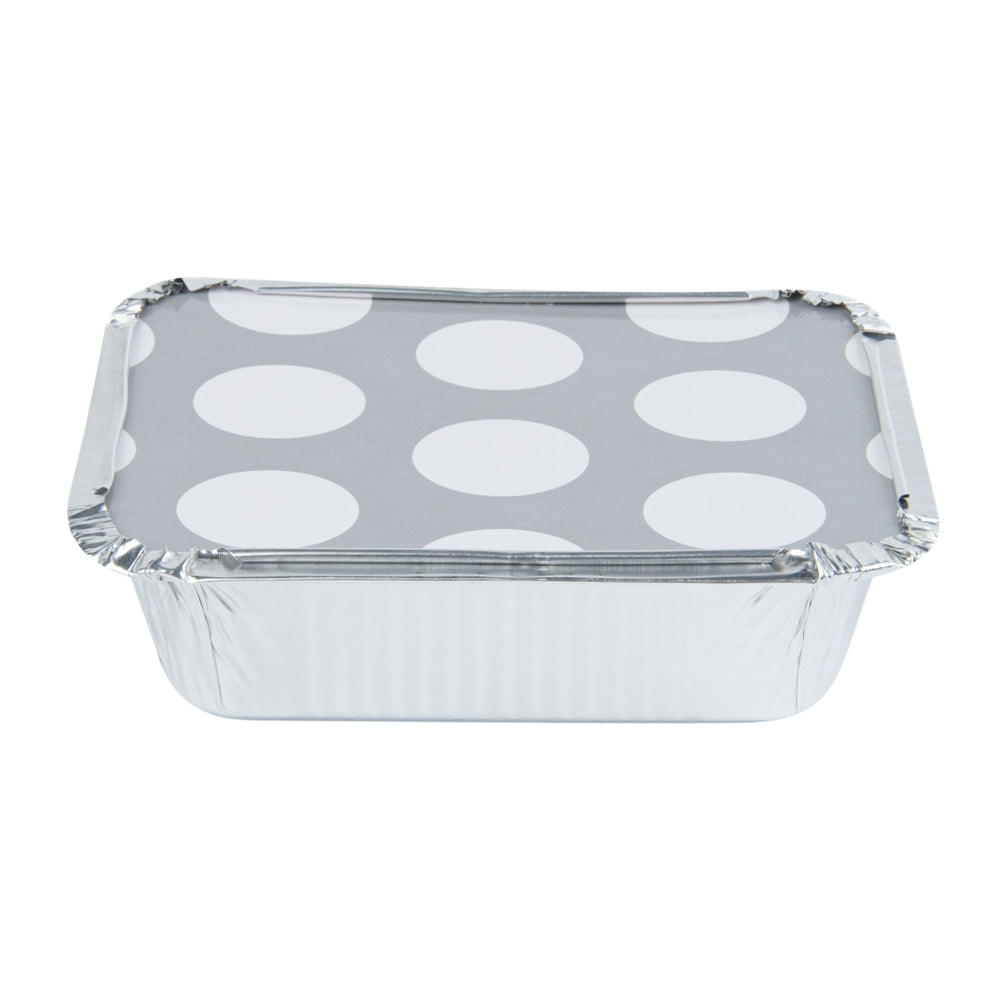 Foil Lux 12 oz Rectangle Silver Aluminum Take Out Container - with Polka Dot Paper Lid - 5 3/4" x 4 3/4" x 1 3/4" - 200 count box