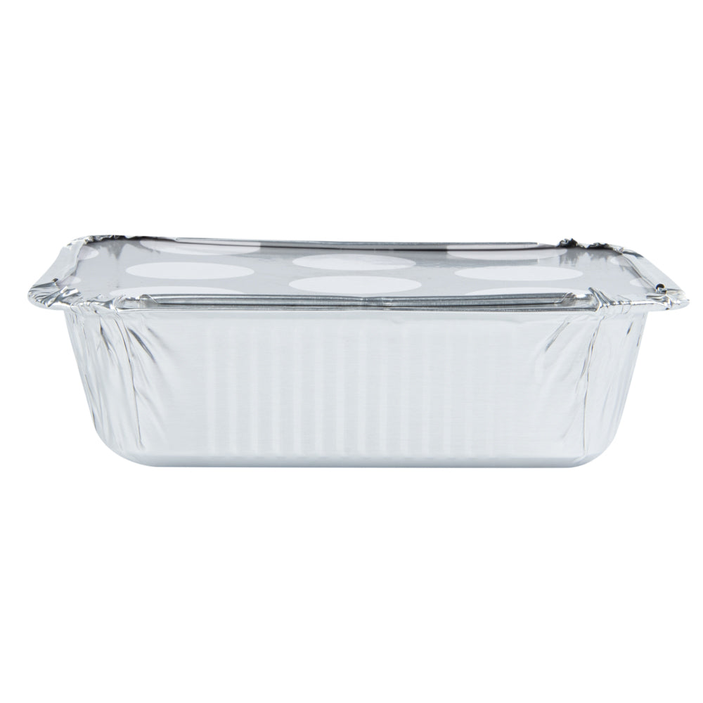 Foil Lux 12 oz Rectangle Silver Aluminum Take Out Container - with Polka Dot Paper Lid - 5 3/4" x 4 3/4" x 1 3/4" - 200 count box