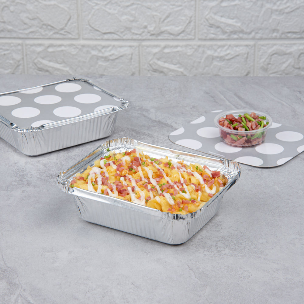 Foil Lux 12 oz Rectangle Silver Aluminum Take Out Container - with Polka Dot Paper Lid - 5 3/4" x 4 3/4" x 1 3/4" - 200 count box