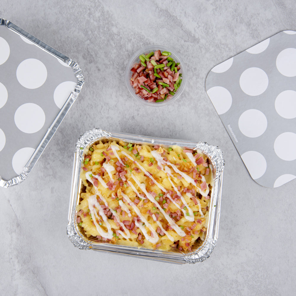 Foil Lux 12 oz Rectangle Silver Aluminum Take Out Container - with Polka Dot Paper Lid - 5 3/4" x 4 3/4" x 1 3/4" - 200 count box