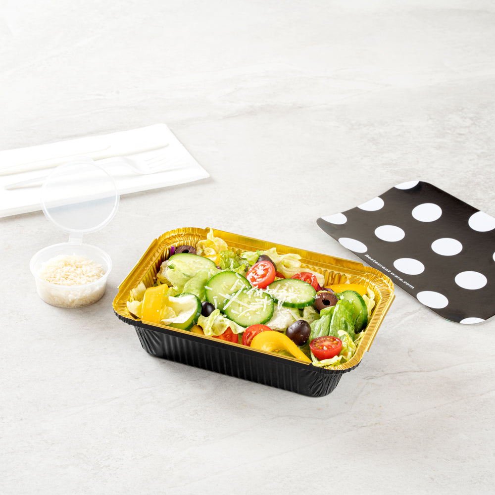 Foil Lux 16 oz Rectangle Black and Gold Aluminum Take Out Container - with Polka Dot Paper Lid - 7 1/4" x 5 1/4" x 2" - 200 count box