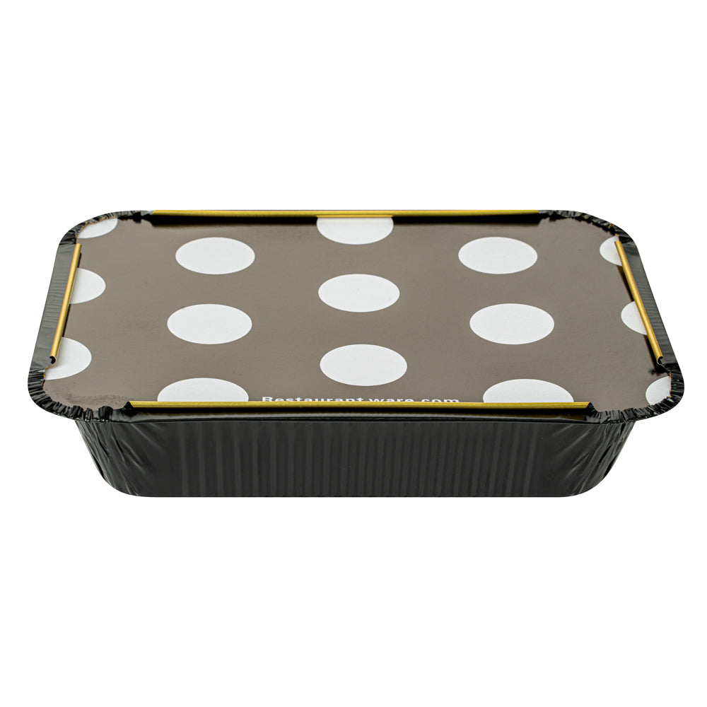 Foil Lux 16 oz Rectangle Black and Gold Aluminum Take Out Container - Polka Dot Paper Lid - 7 1/4" x 5 1/4" x 2" - 50 count box