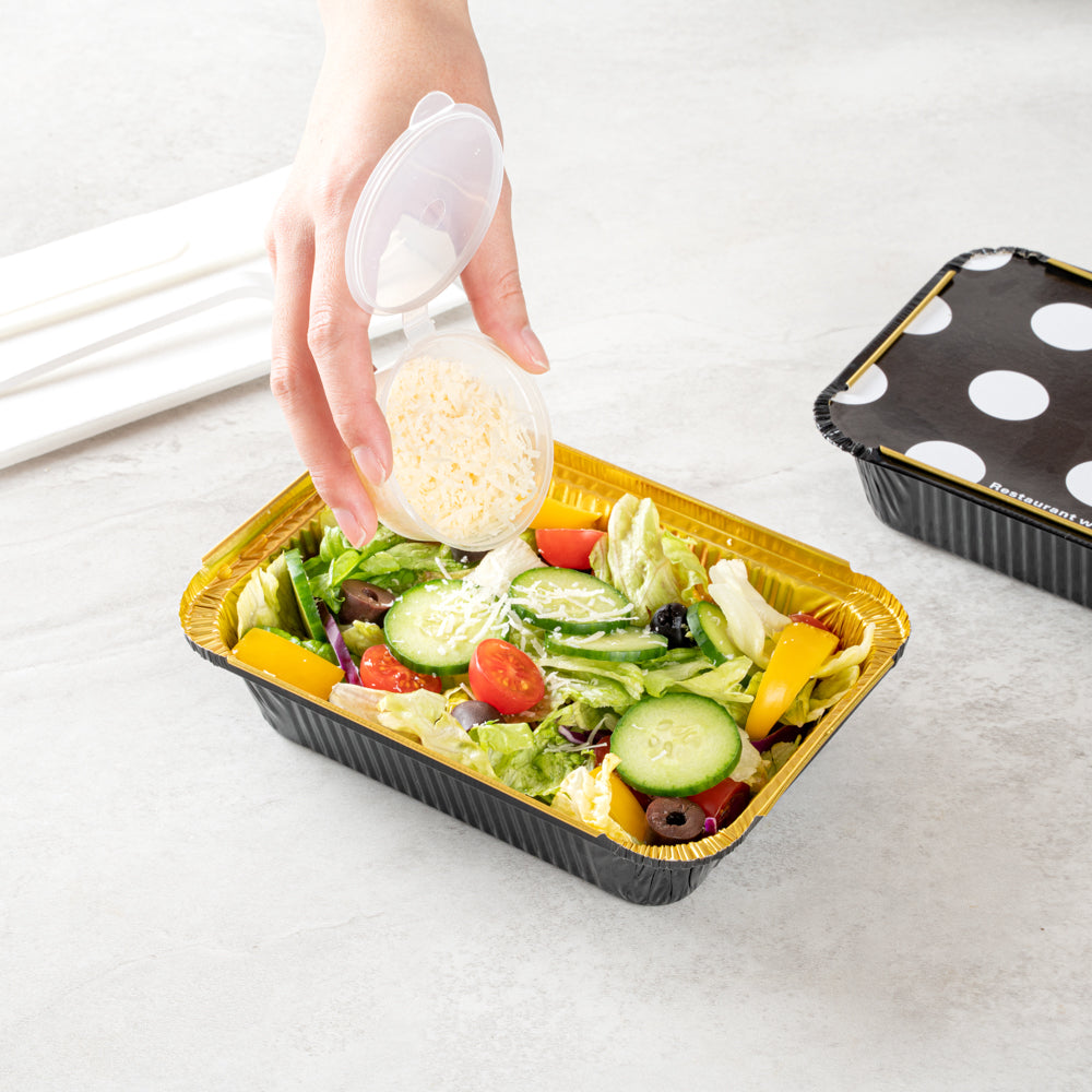 Foil Lux 16 oz Rectangle Black and Gold Aluminum Take Out Container - Polka Dot Paper Lid - 7 1/4" x 5 1/4" x 2" - 50 count box