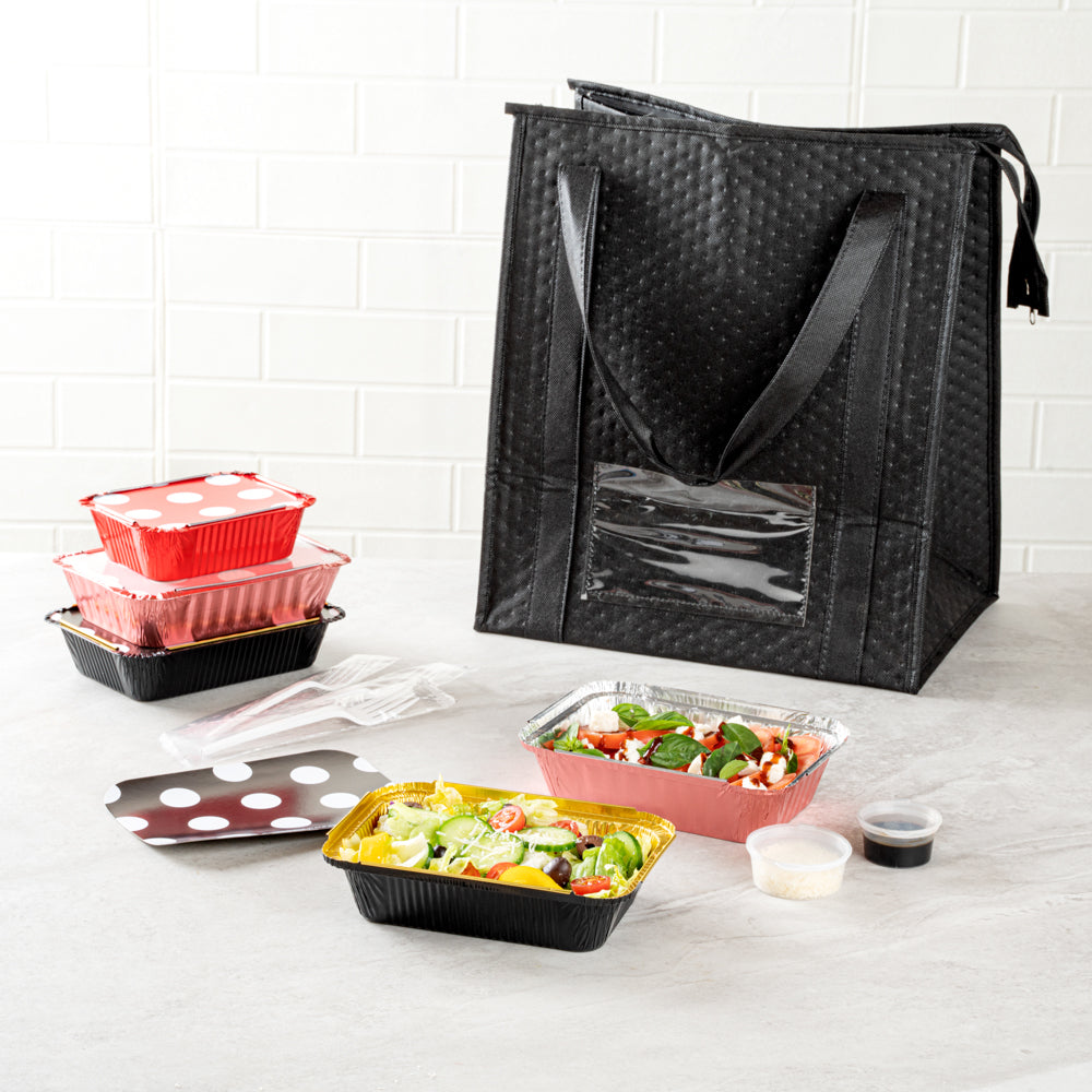 Foil Lux 16 oz Rectangle Black and Gold Aluminum Take Out Container - Polka Dot Paper Lid - 7 1/4" x 5 1/4" x 2" - 50 count box