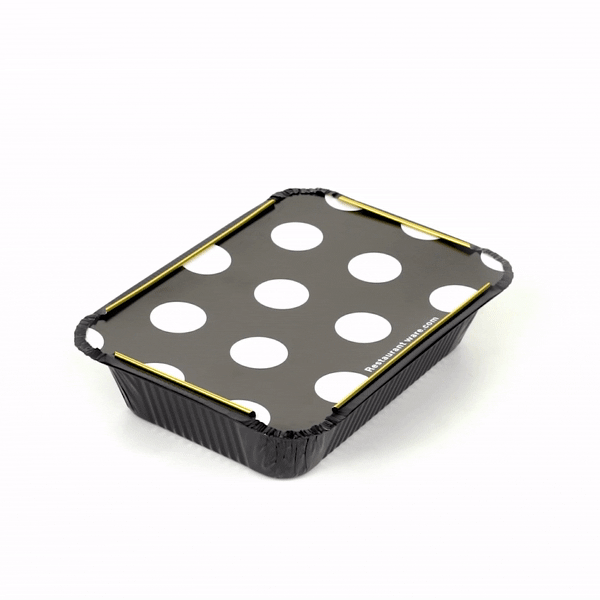 Foil Lux 16 oz Rectangle Black and Gold Aluminum Take Out Container - with Polka Dot Paper Lid - 7 1/4" x 5 1/4" x 2" - 200 count box