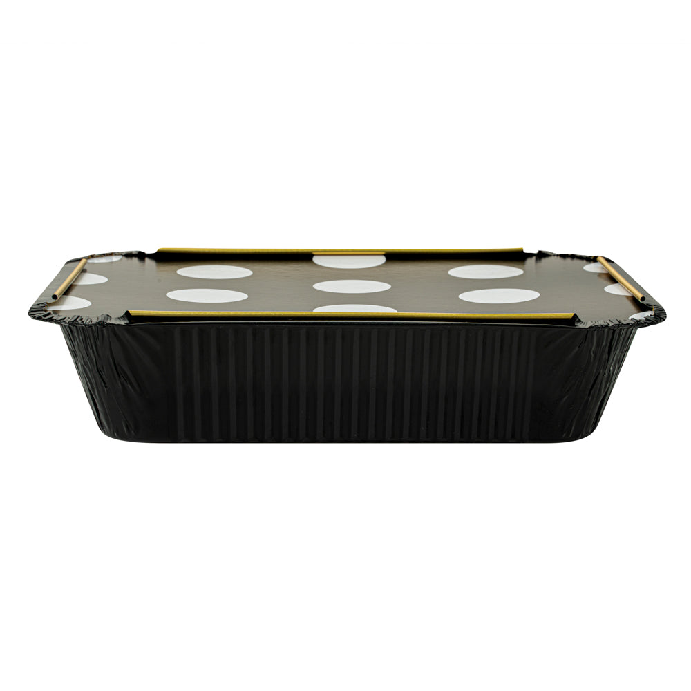 Foil Lux 16 oz Rectangle Black and Gold Aluminum Take Out Container - with Polka Dot Paper Lid - 7 1/4" x 5 1/4" x 2" - 200 count box