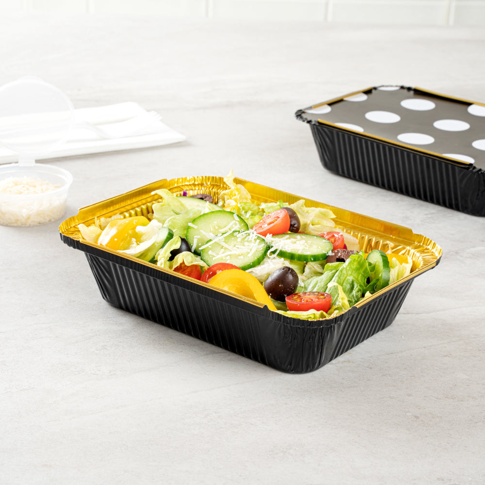 Foil Lux 16 oz Rectangle Black and Gold Aluminum Take Out Container - with Polka Dot Paper Lid - 7 1/4" x 5 1/4" x 2" - 200 count box