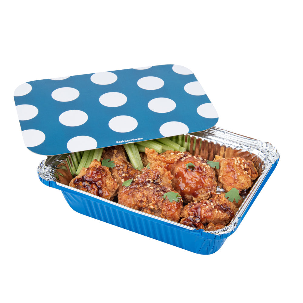 Foil Lux 16 oz Rectangle Blue Aluminum Take Out Container - Polka Dot Paper Lid - 7 1/4" x 5 1/4" x 2" - 50 count box
