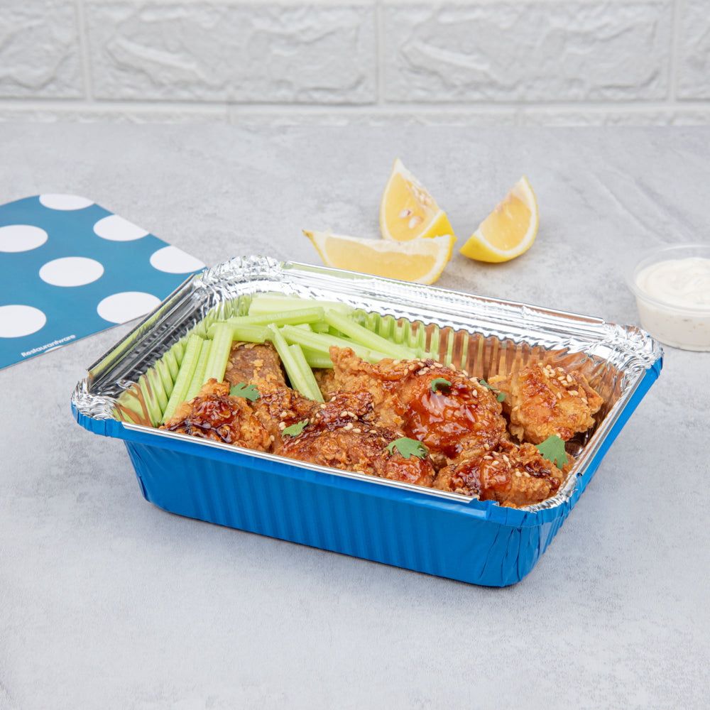 Foil Lux 16 oz Rectangle Blue Aluminum Take Out Container - Polka Dot Paper Lid - 7 1/4" x 5 1/4" x 2" - 50 count box