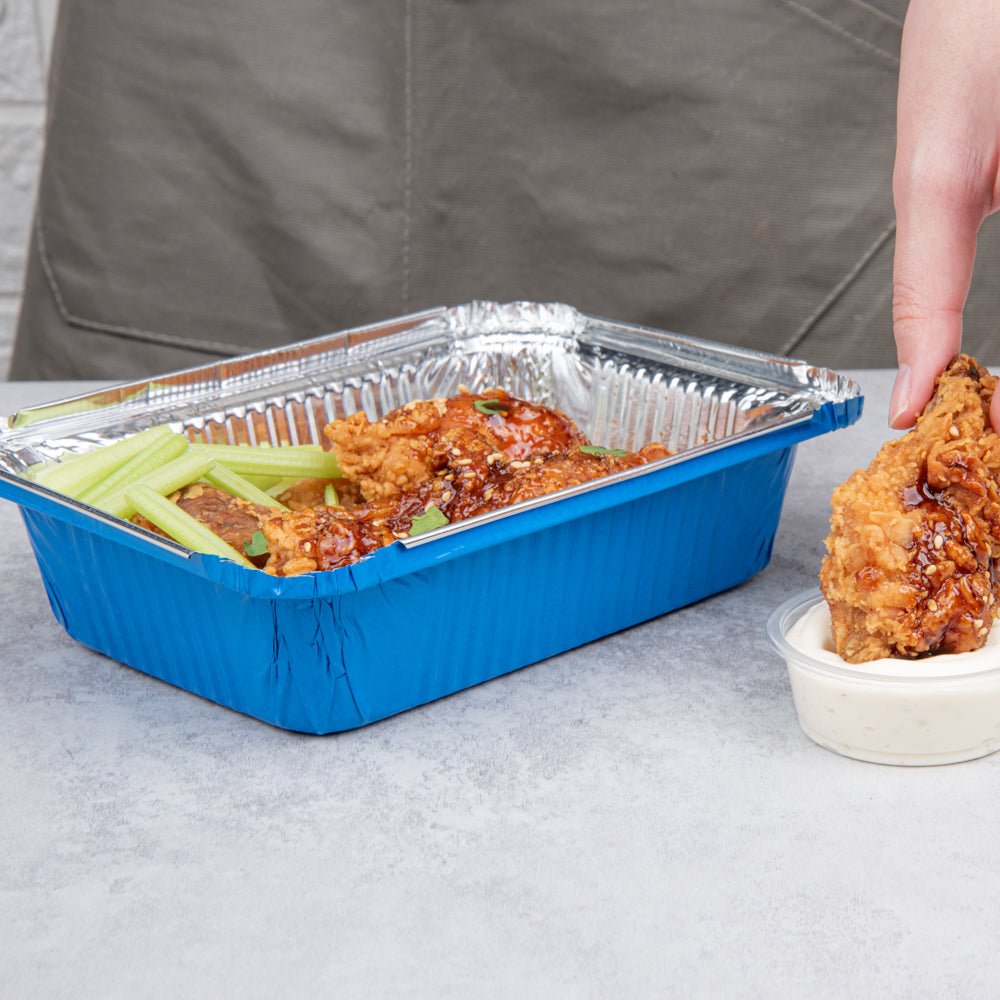 Foil Lux 16 oz Rectangle Blue Aluminum Take Out Container - Polka Dot Paper Lid - 7 1/4" x 5 1/4" x 2" - 50 count box
