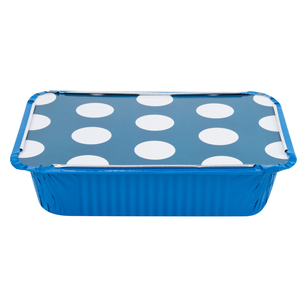Foil Lux 16 oz Rectangle Blue Aluminum Take Out Container - with Polka Dot Paper Lid - 7 1/4" x 5 1/4" x 2" - 200 count box