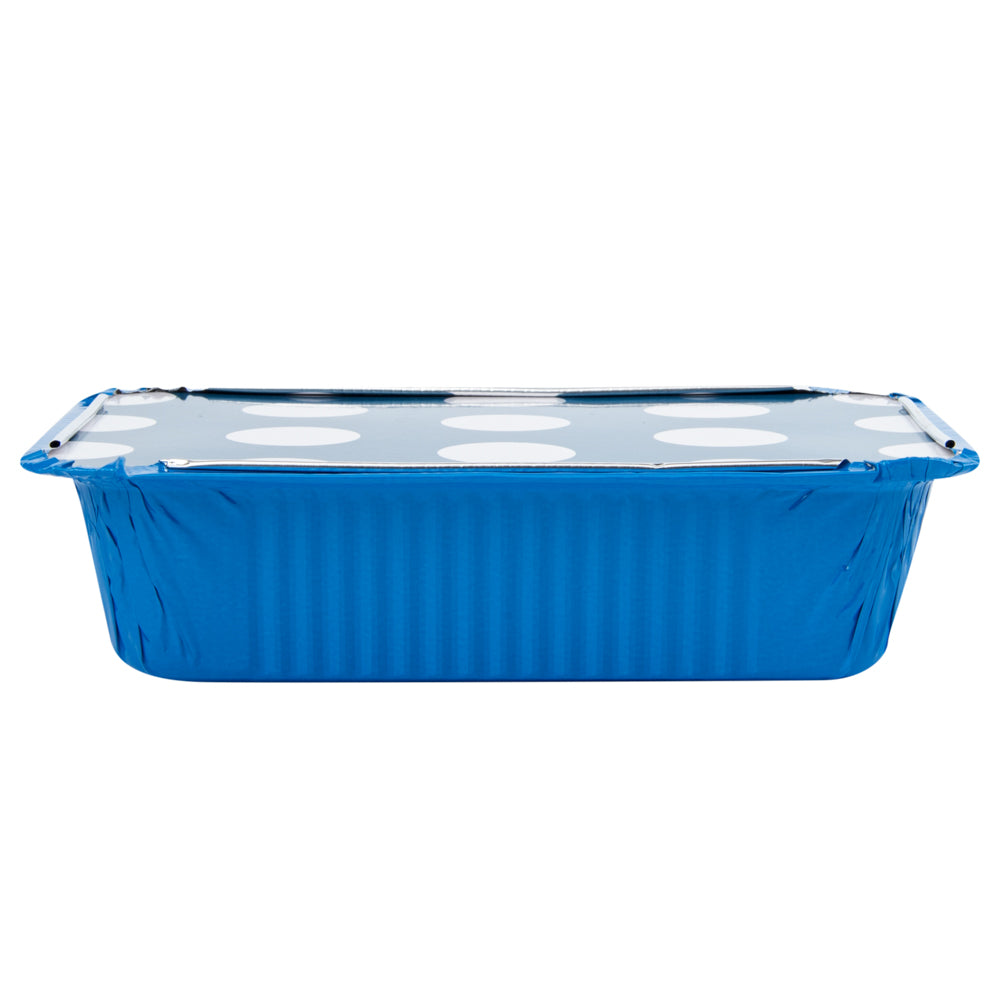 Foil Lux 16 oz Rectangle Blue Aluminum Take Out Container - with Polka Dot Paper Lid - 7 1/4" x 5 1/4" x 2" - 200 count box
