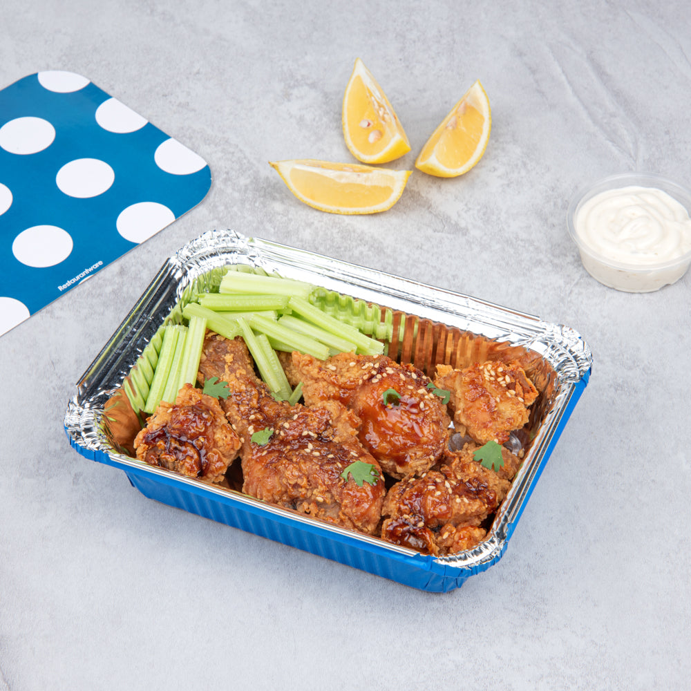 Foil Lux 16 oz Rectangle Blue Aluminum Take Out Container - with Polka Dot Paper Lid - 7 1/4" x 5 1/4" x 2" - 200 count box