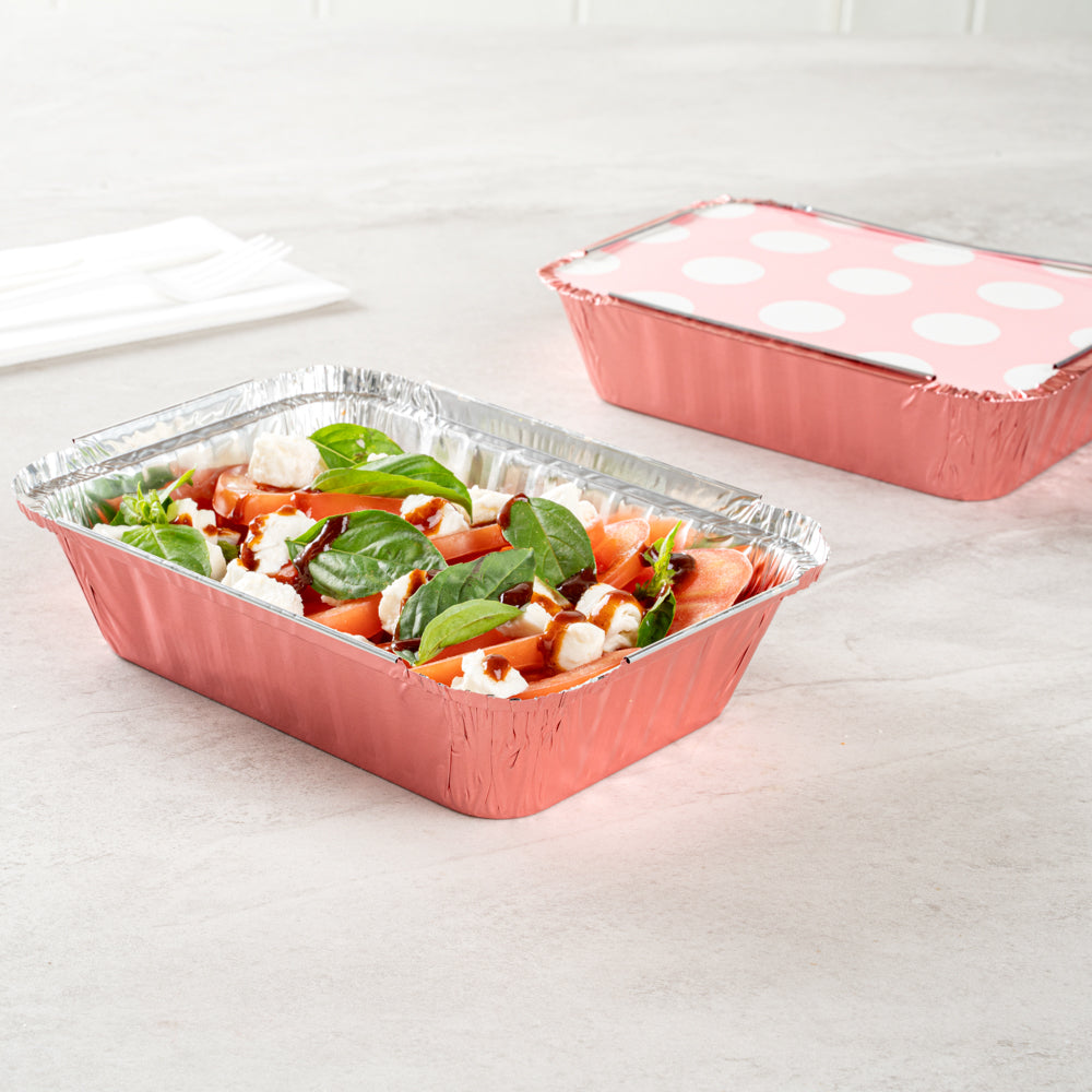Foil Lux 16 oz Rectangle Pink Aluminum Take Out Container - with Polka Dot Paper Lid - 7 1/4" x 5 1/4" x 2" - 200 count box