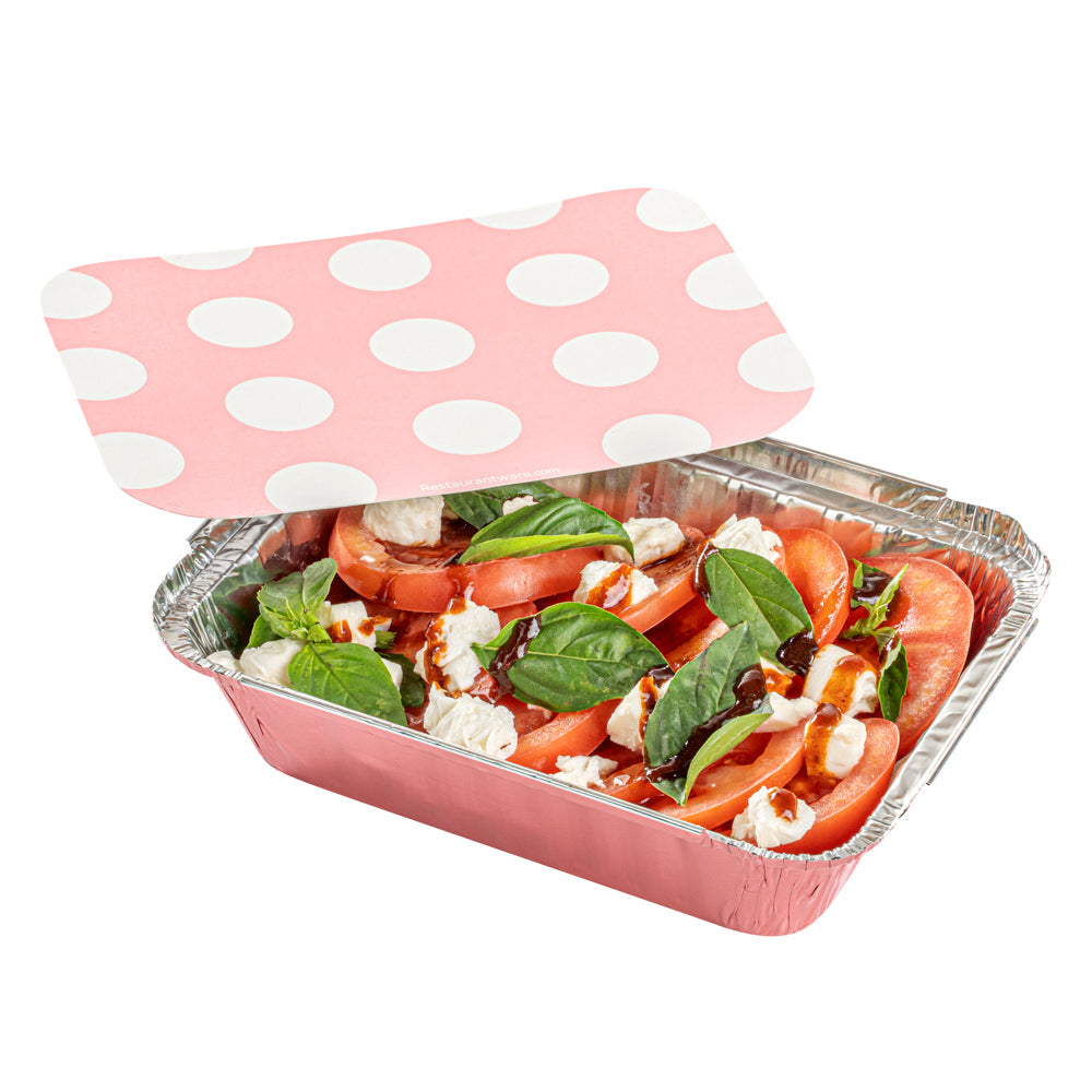 Foil Lux 16 oz Rectangle Pink Aluminum Take Out Container - Polka Dot Paper Lid - 7 1/4" x 5 1/4" x 2" - 50 count box
