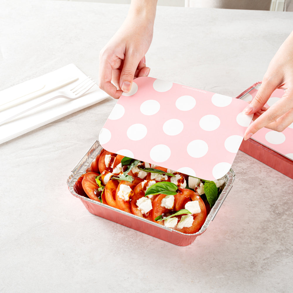 Foil Lux 16 oz Rectangle Pink Aluminum Take Out Container - Polka Dot Paper Lid - 7 1/4" x 5 1/4" x 2" - 50 count box