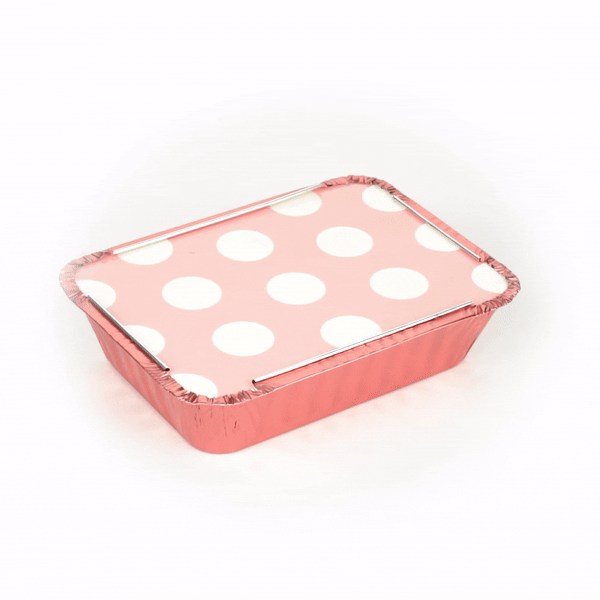 Foil Lux 16 oz Rectangle Pink Aluminum Take Out Container - with Polka Dot Paper Lid - 7 1/4" x 5 1/4" x 2" - 200 count box