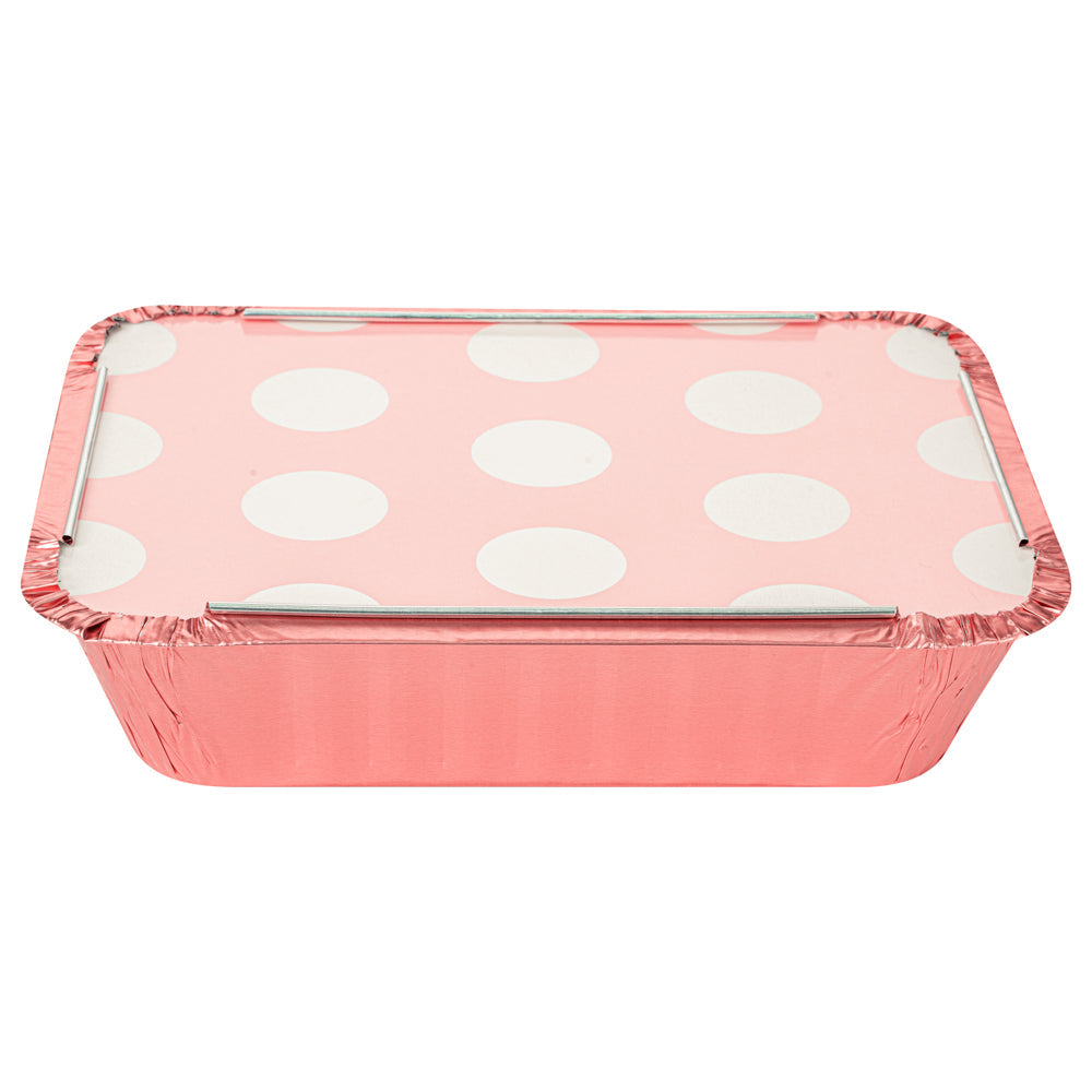 Foil Lux 16 oz Rectangle Pink Aluminum Take Out Container - with Polka Dot Paper Lid - 7 1/4" x 5 1/4" x 2" - 200 count box
