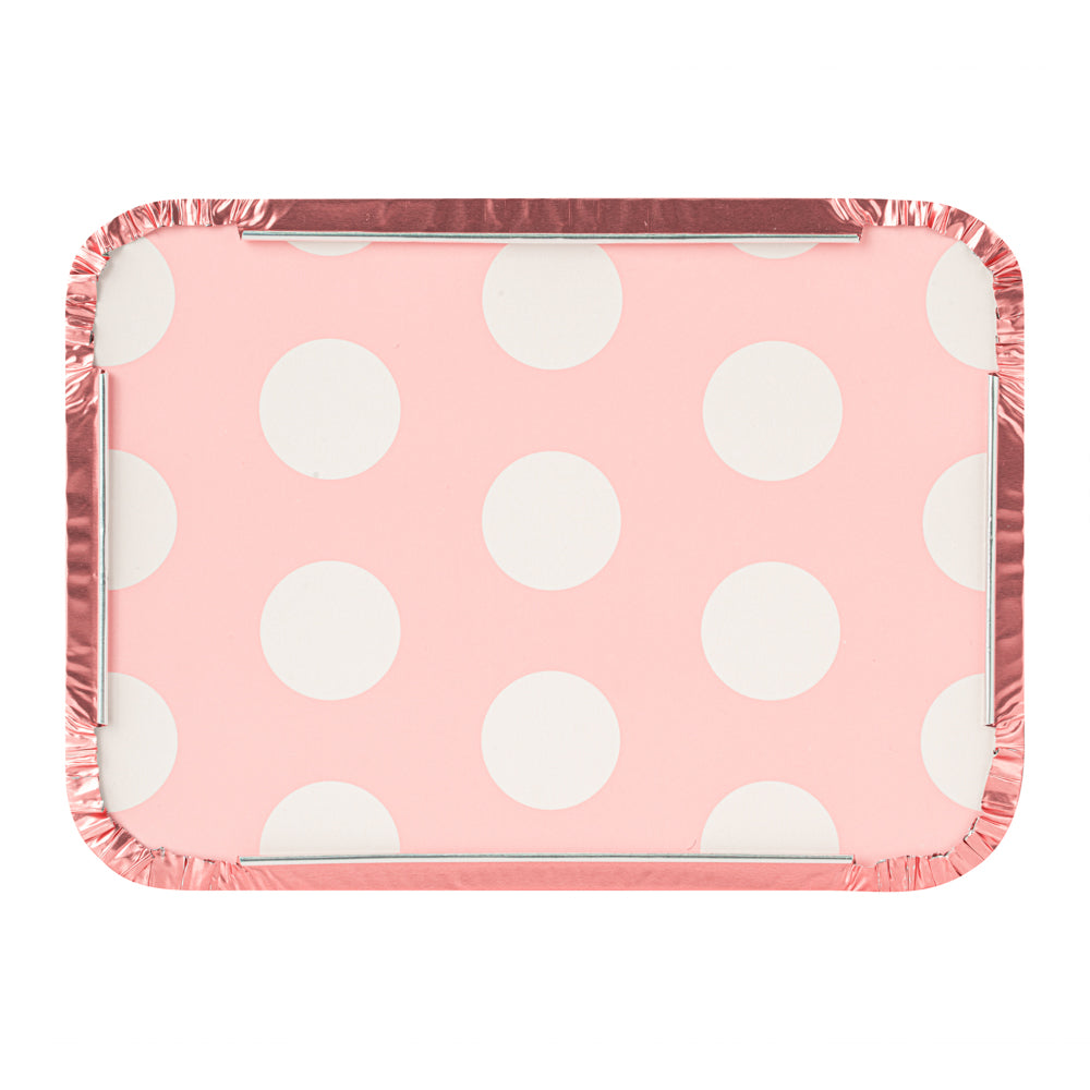 Foil Lux 16 oz Rectangle Pink Aluminum Take Out Container - with Polka Dot Paper Lid - 7 1/4" x 5 1/4" x 2" - 200 count box