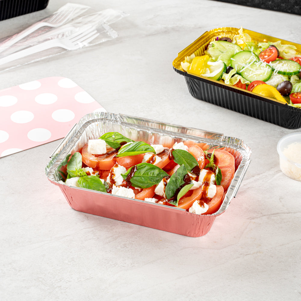 Foil Lux 16 oz Rectangle Pink Aluminum Take Out Container - with Polka Dot Paper Lid - 7 1/4" x 5 1/4" x 2" - 200 count box