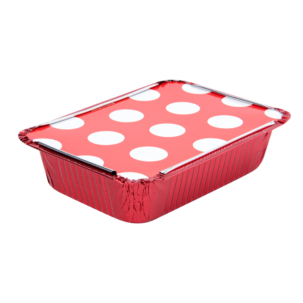 Foil Lux 16 oz Rectangle Red Aluminum Take Out Container - Polka Dot Paper Lid - 7 1/4" x 5 1/4" x 2" - 50 count box