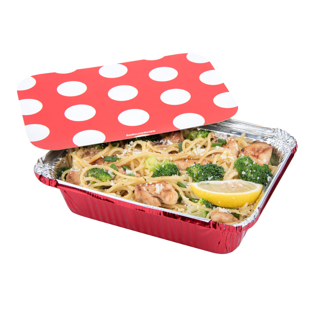Foil Lux 16 oz Rectangle Red Aluminum Take Out Container - Polka Dot Paper Lid - 7 1/4" x 5 1/4" x 2" - 50 count box