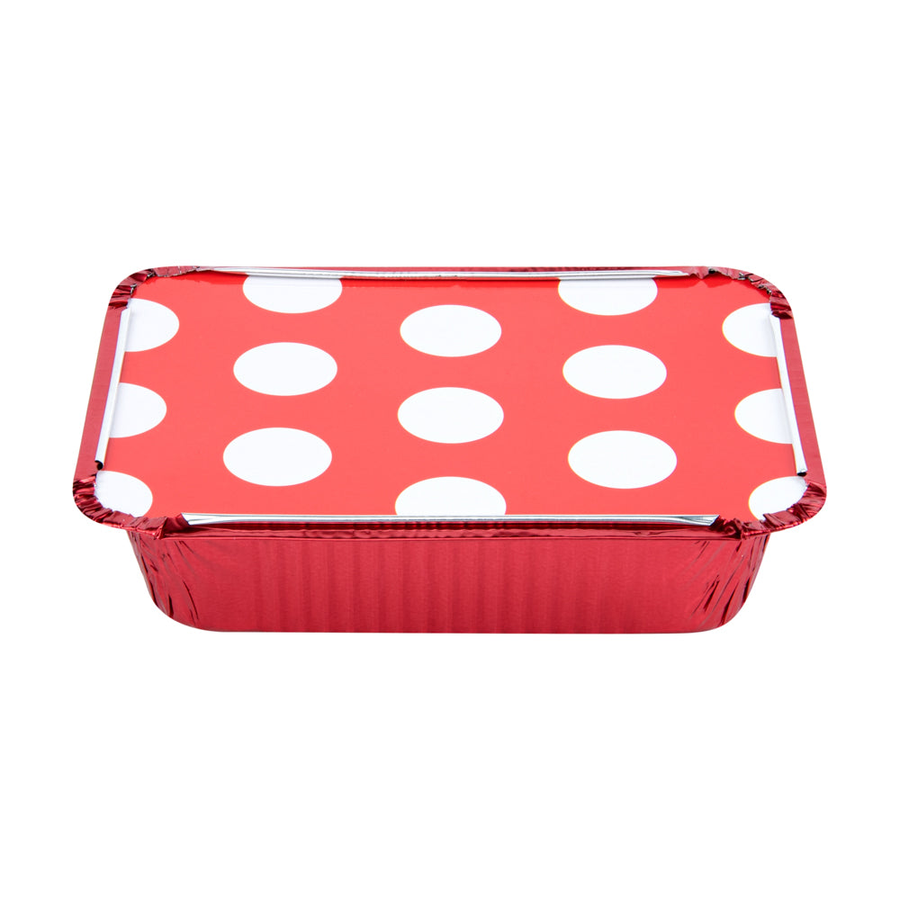 Foil Lux 16 oz Rectangle Red Aluminum Take Out Container - Polka Dot Paper Lid - 7 1/4" x 5 1/4" x 2" - 50 count box