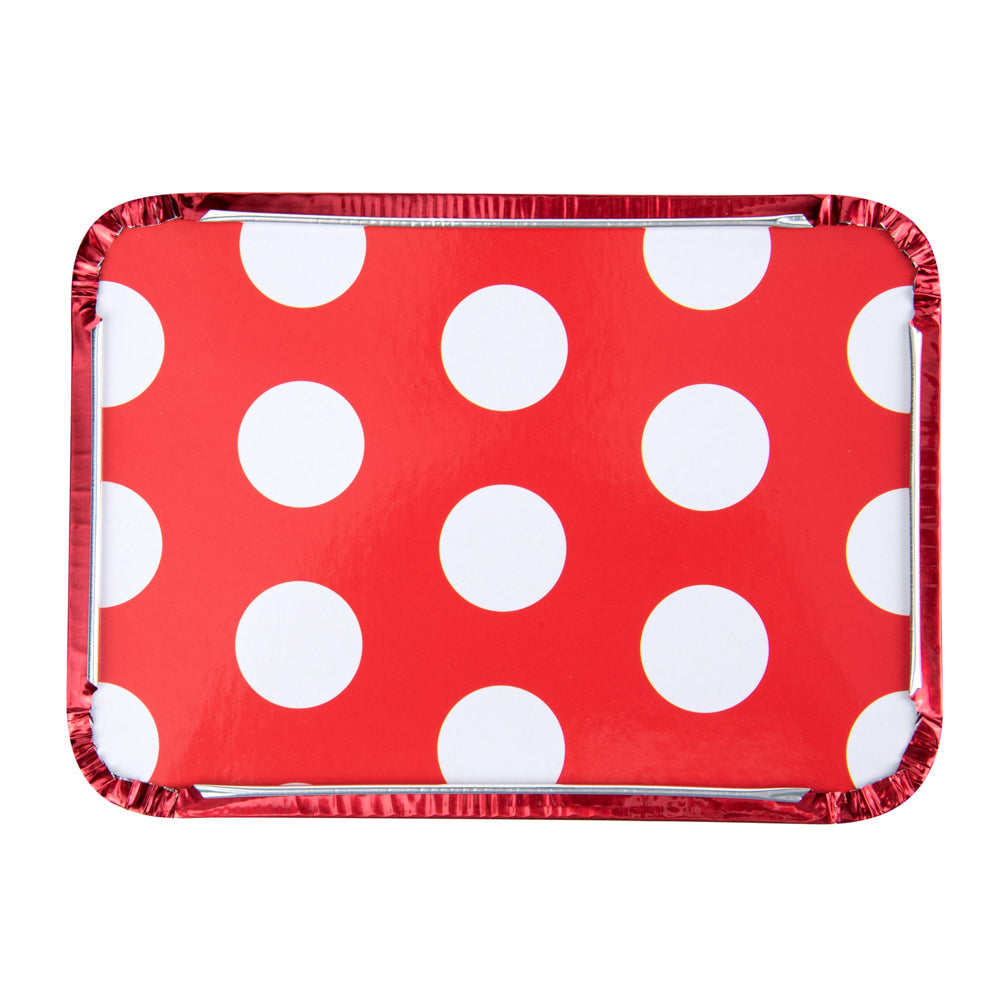 Foil Lux 16 oz Rectangle Red Aluminum Take Out Container - Polka Dot Paper Lid - 7 1/4" x 5 1/4" x 2" - 50 count box