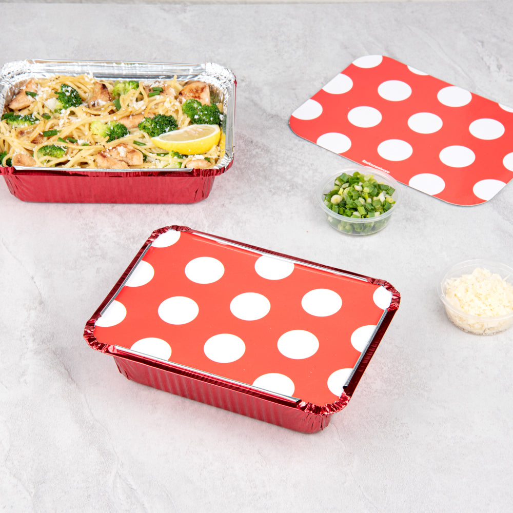 Foil Lux 16 oz Rectangle Red Aluminum Take Out Container - Polka Dot Paper Lid - 7 1/4" x 5 1/4" x 2" - 50 count box