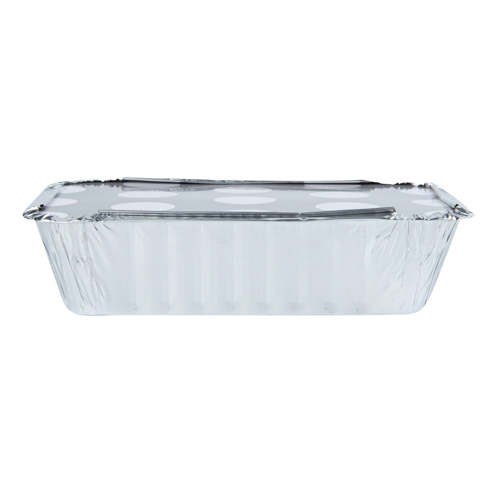 Foil Lux 16 oz Rectangle Silver Aluminum Take Out Container - with Polka Dot Paper Lid - 7 1/4" x 5 1/4" x 2" - 200 count box