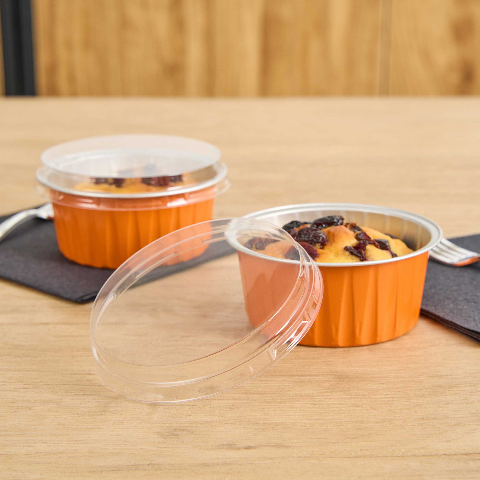 Foil Lux Round Clear Plastic Flat Lid - Fits 4 oz Aluminum Baking Cup - 3 1/2" x 3 1/2" - 100 count box