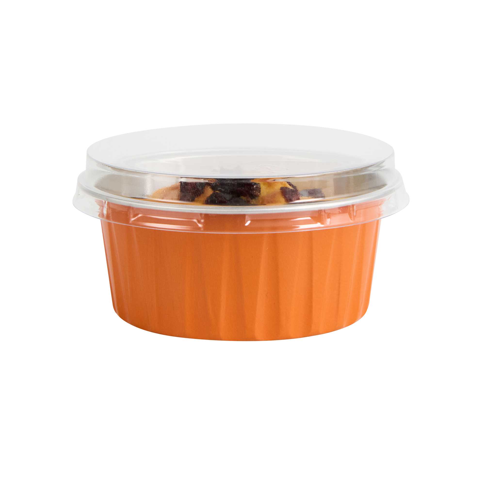 Foil Lux Round Clear Plastic Flat Lid - Fits 4 oz Aluminum Baking Cup - 3 1/2" x 3 1/2" - 100 count box