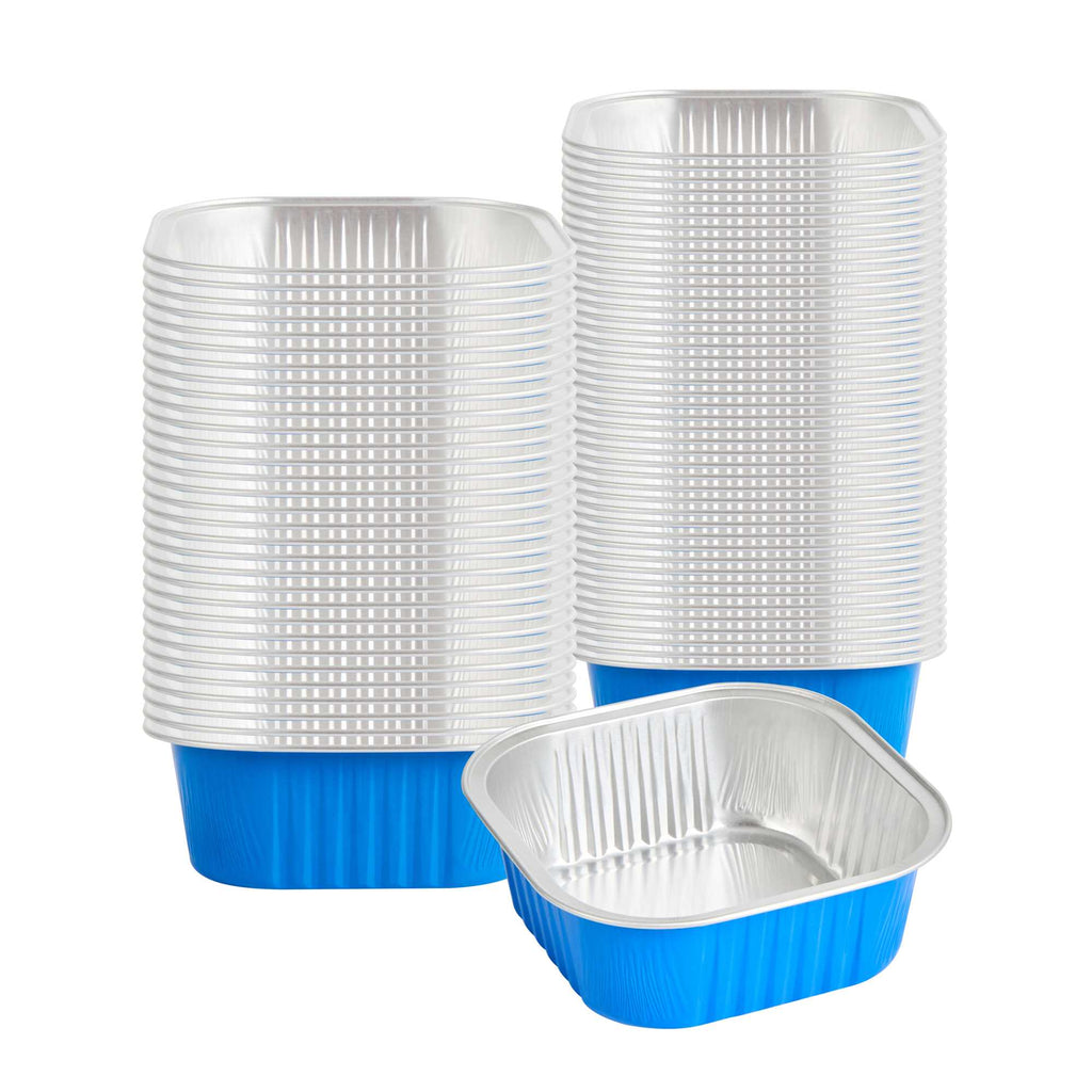 Foil Lux 10 oz Square Blue Aluminum Baking Cup - 4 1/4" x 4 1/4" x 1 1/2" - 100 count box