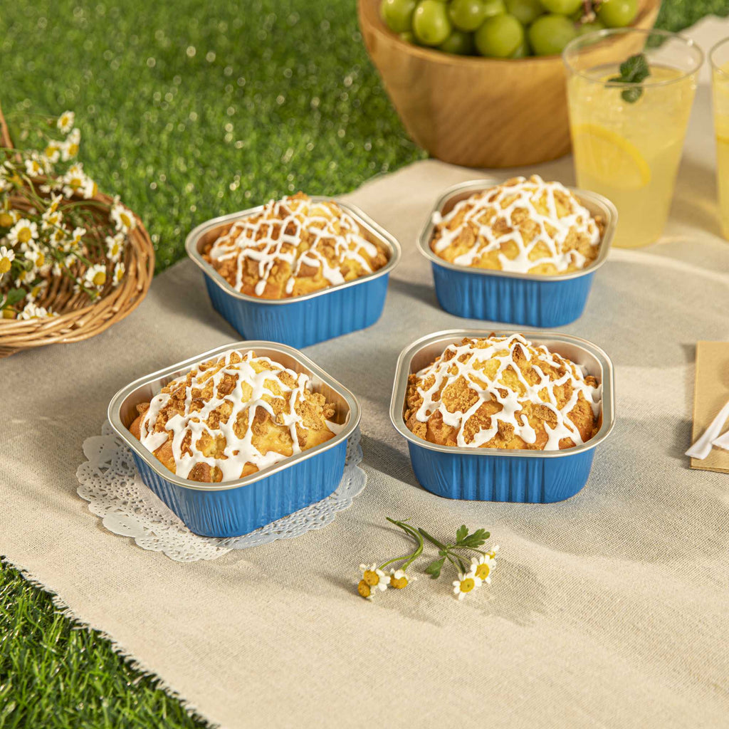 Foil Lux 10 oz Square Blue Aluminum Baking Cup - 4 1/4" x 4 1/4" x 1 1/2" - 100 count box