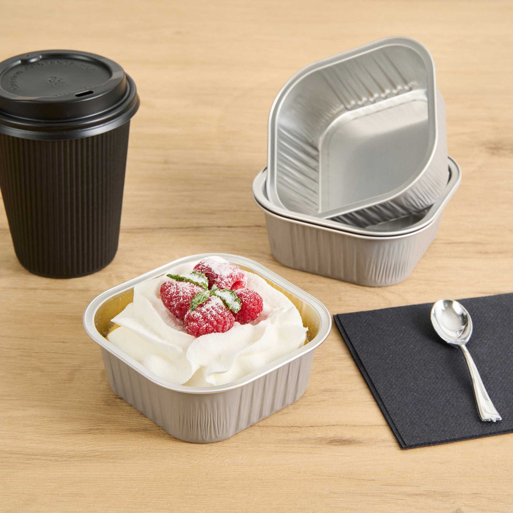 Foil Lux 10 oz Square Gray Aluminum Baking Cup - 4 1/4" x 4 1/4" x 1 1/2" - 100 count box