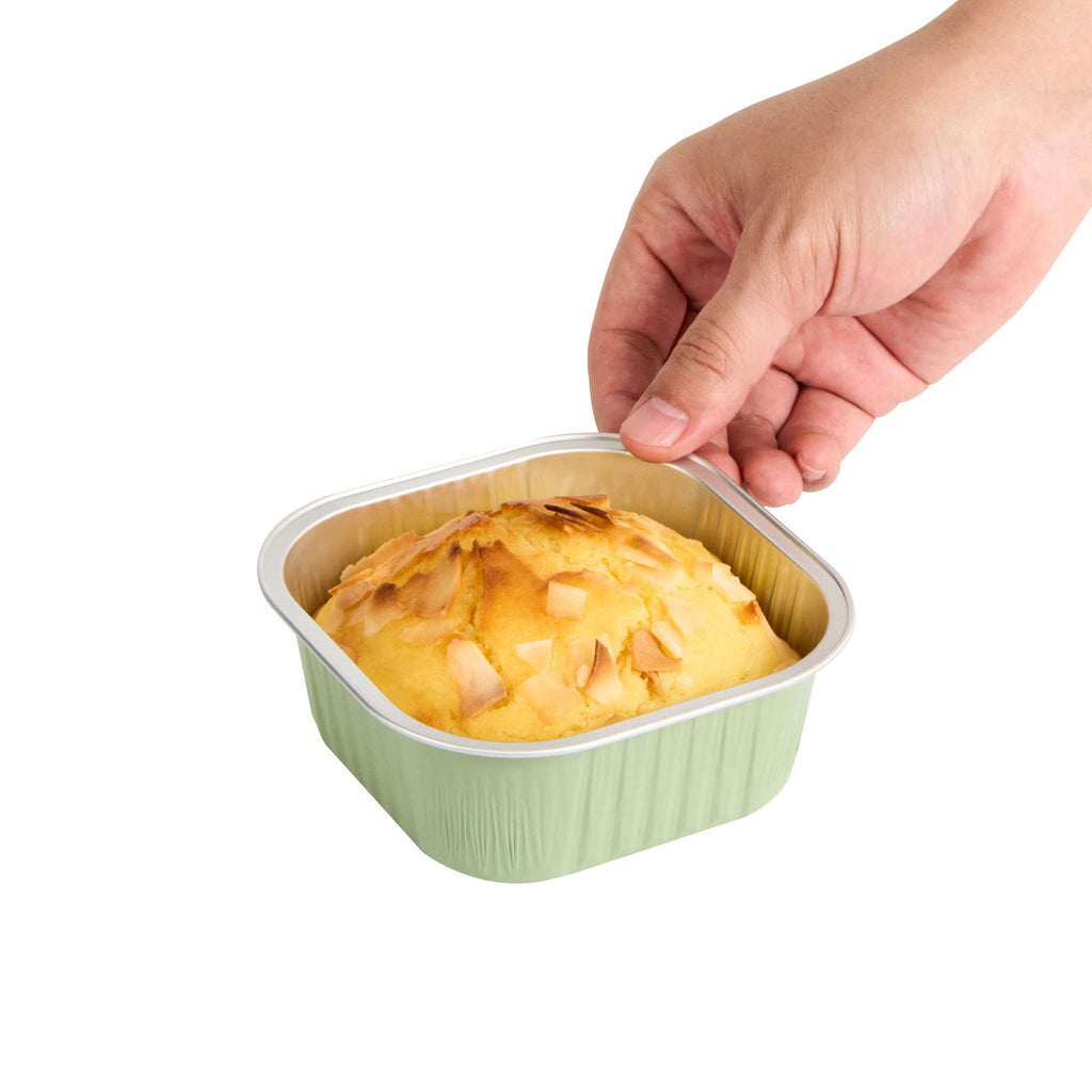 Foil Lux 10 oz Square Pistachio Green Aluminum Baking Cup - 4 1/4" x 4 1/4" x 1 1/2" - 100 count box