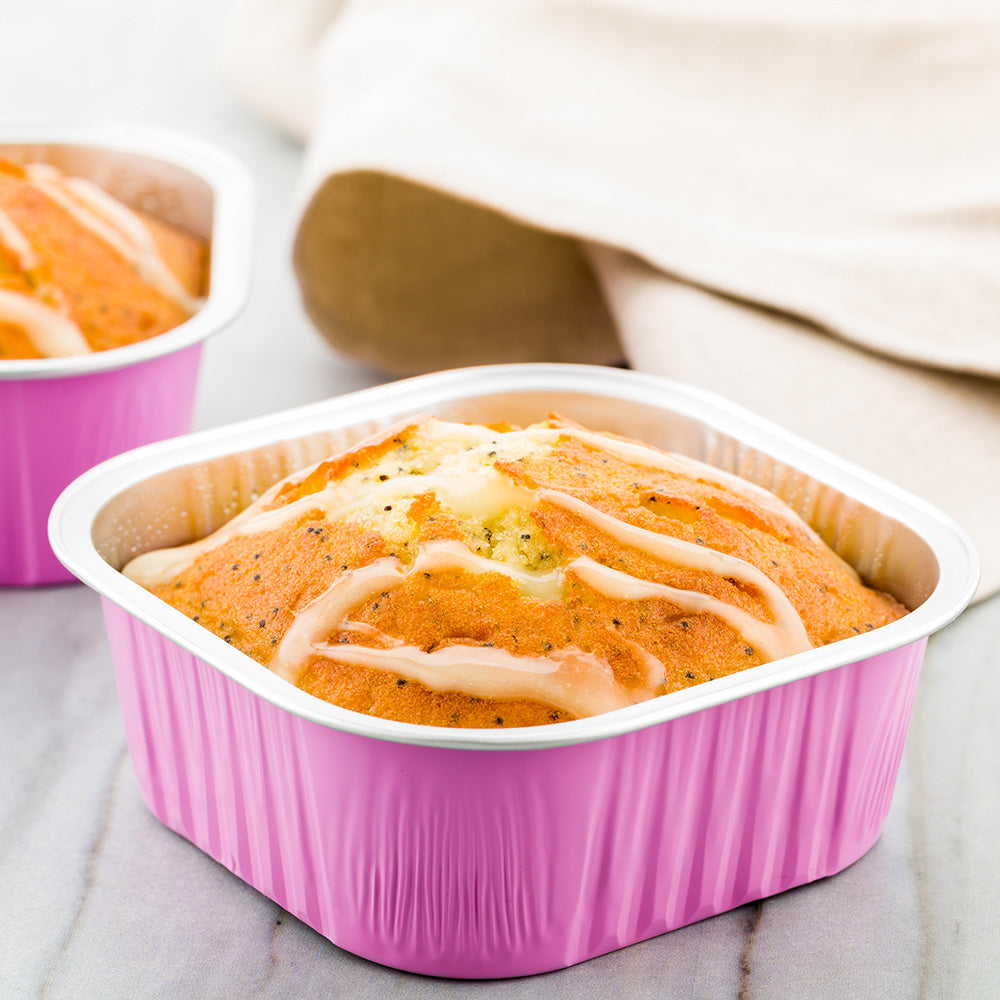 Foil Lux 10 oz Square Pink Aluminum Baking Cup - 4 1/4" x 4 1/4" x 1 1/2" - 100 count box