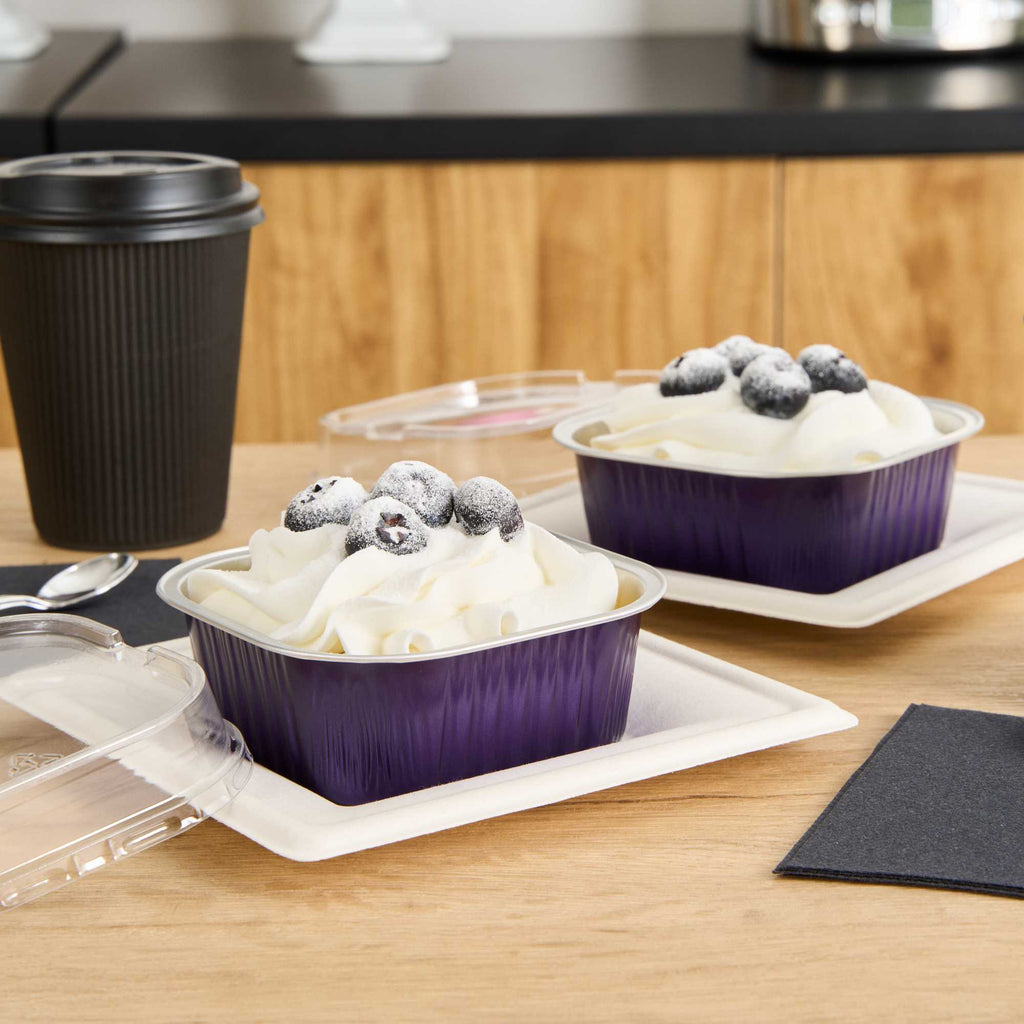 Foil Lux 10 oz Square Purple Aluminum Baking Cup - 4 1/4" x 4 1/4" x 1 1/2" - 100 count box