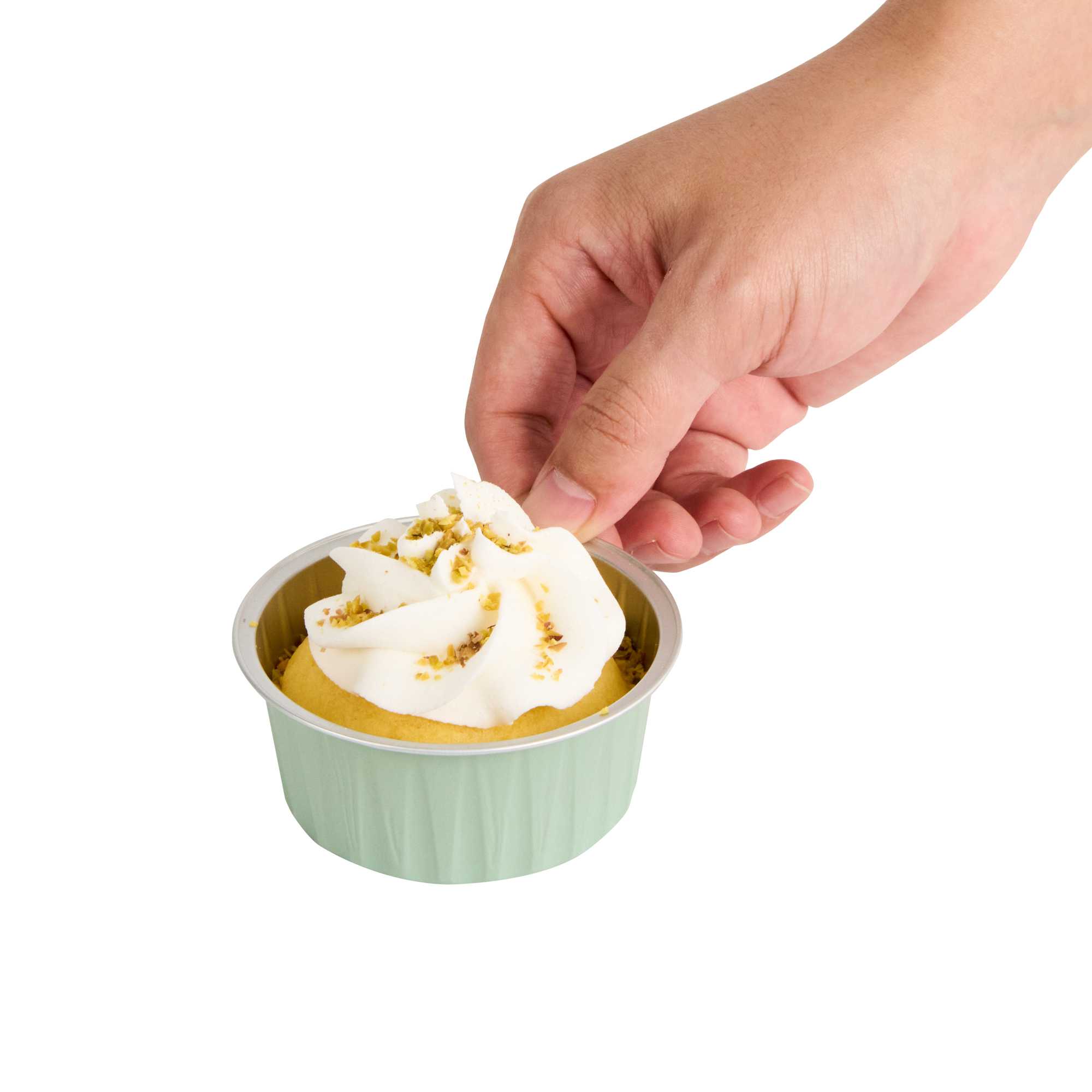 Foil Lux 4 oz Round Pistachio Green Aluminum Baking Cup - Lids Available - 3 1/4" x 3 1/4" x 1 1/2" - 100 count box