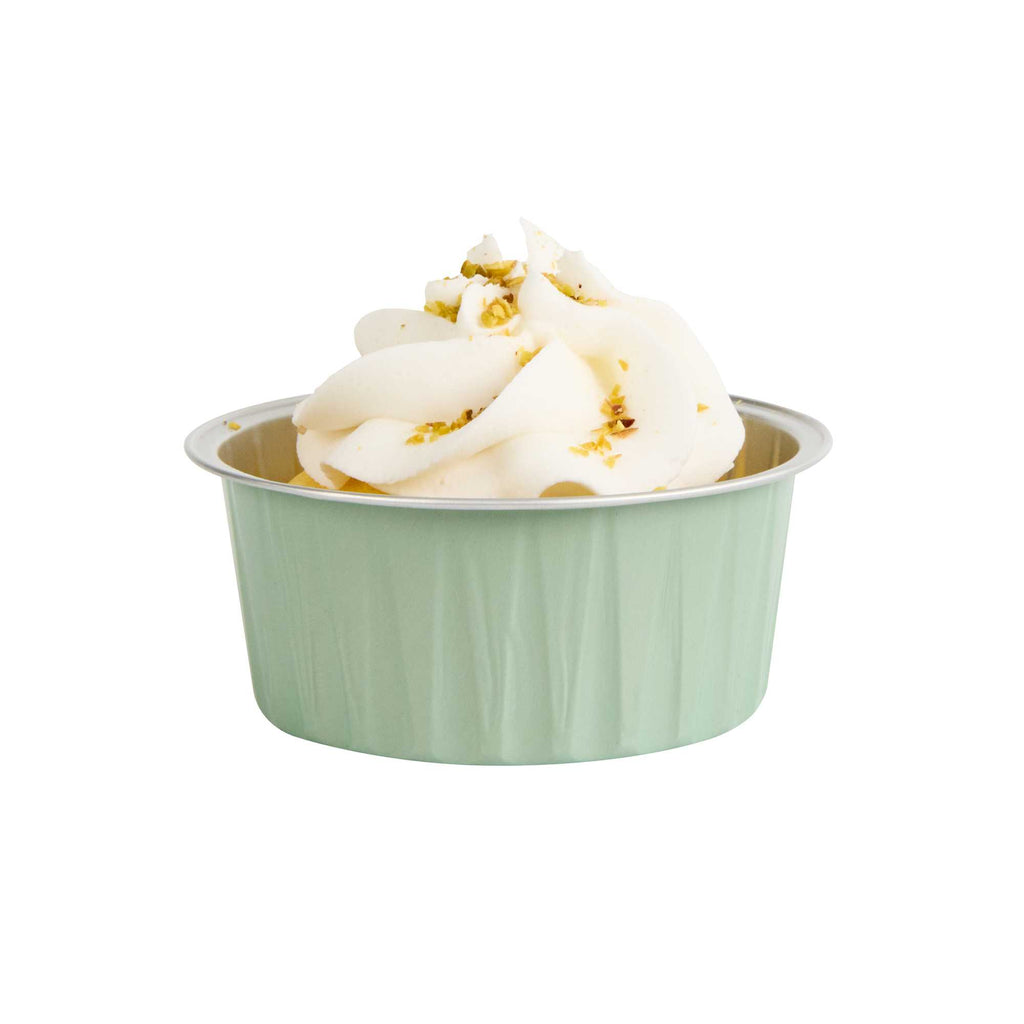 Foil Lux 4 oz Round Pistachio Green Aluminum Baking Cup - Lids Available - 3 1/4" x 3 1/4" x 1 1/2" - 100 count box