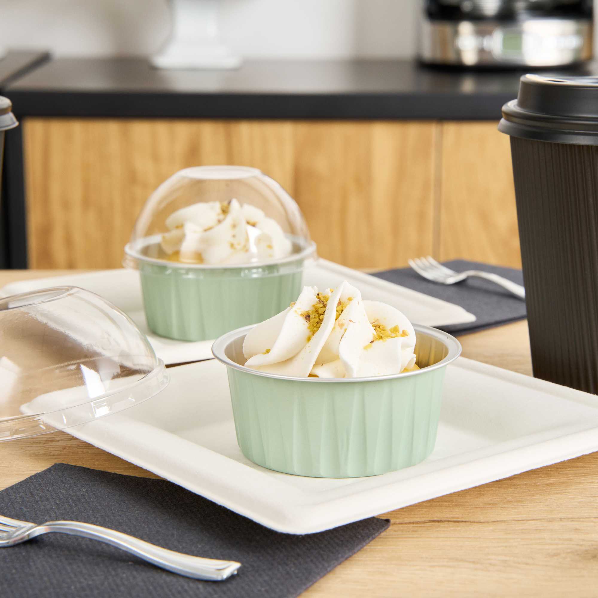 Foil Lux 4 oz Round Pistachio Green Aluminum Baking Cup - Lids Available - 3 1/4" x 3 1/4" x 1 1/2" - 100 count box