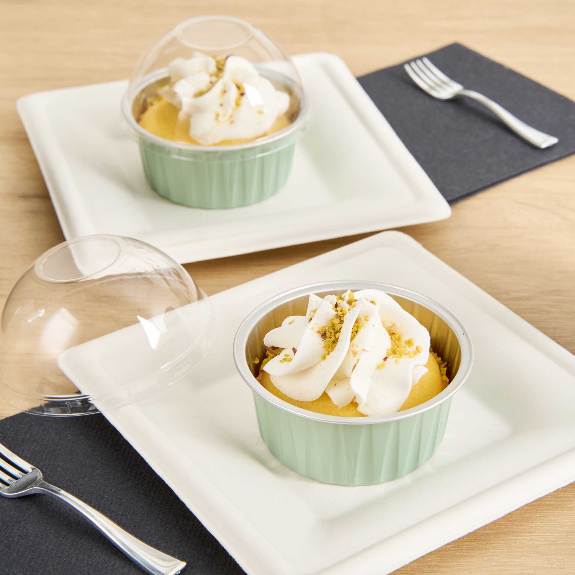 Foil Lux 4 oz Round Pistachio Green Aluminum Baking Cup - Lids Available - 3 1/4" x 3 1/4" x 1 1/2" - 100 count box