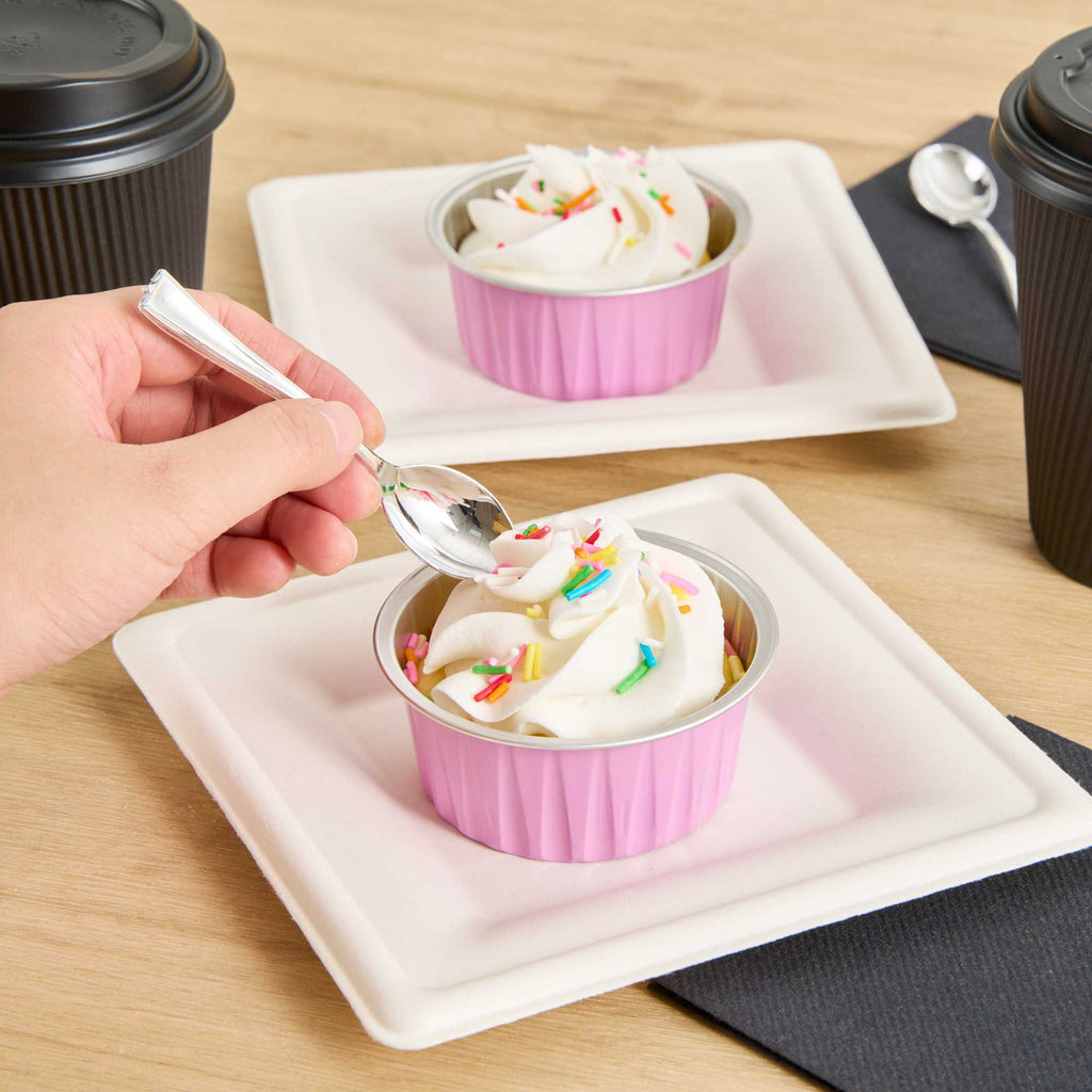 Foil Lux 4 oz Round Pink Aluminum Baking Cup - Lids Available - 3 1/4" x 3 1/4" x 1 1/2" - 100 count box