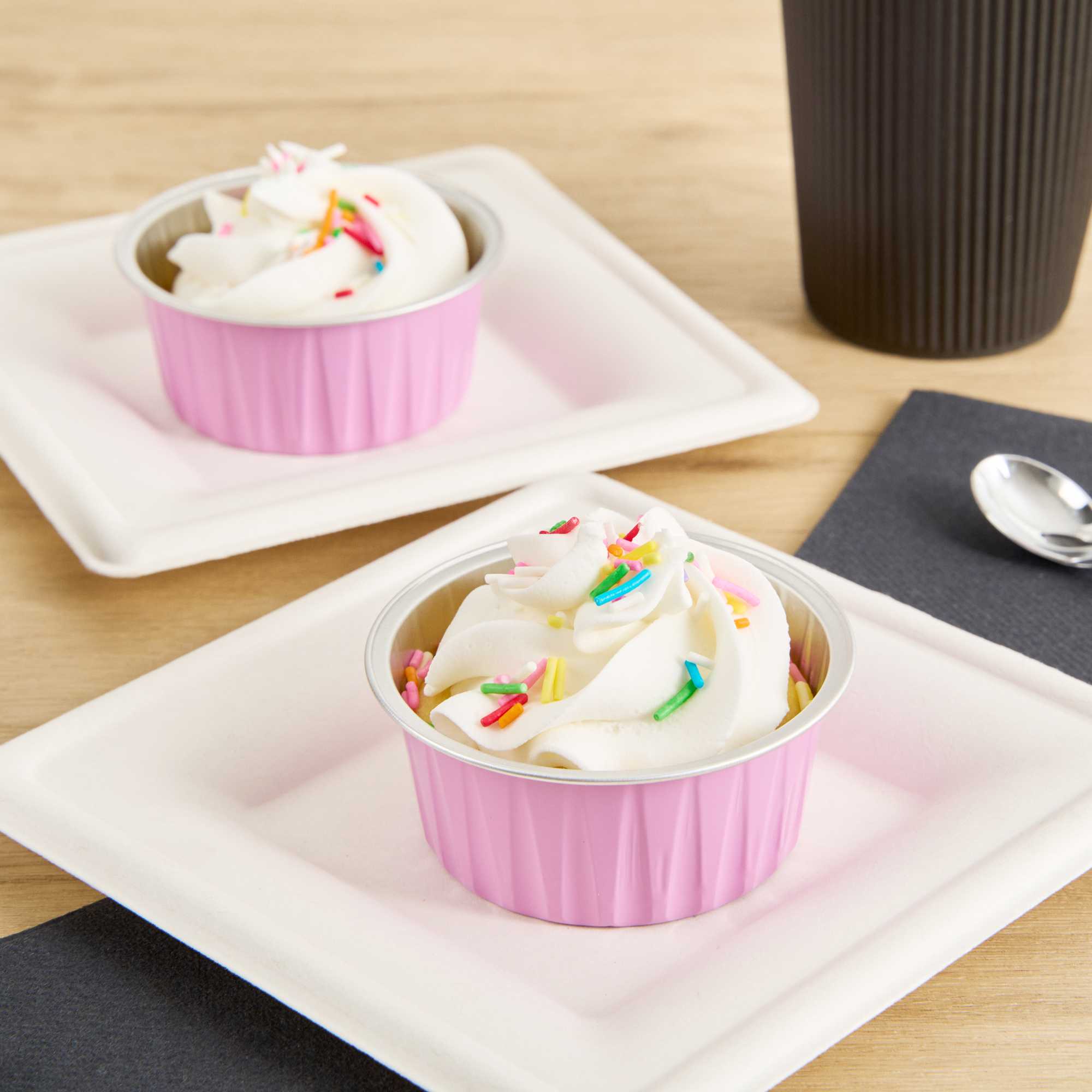 Foil Lux 4 oz Round Pink Aluminum Baking Cup - Lids Available - 3 1/4" x 3 1/4" x 1 1/2" - 100 count box