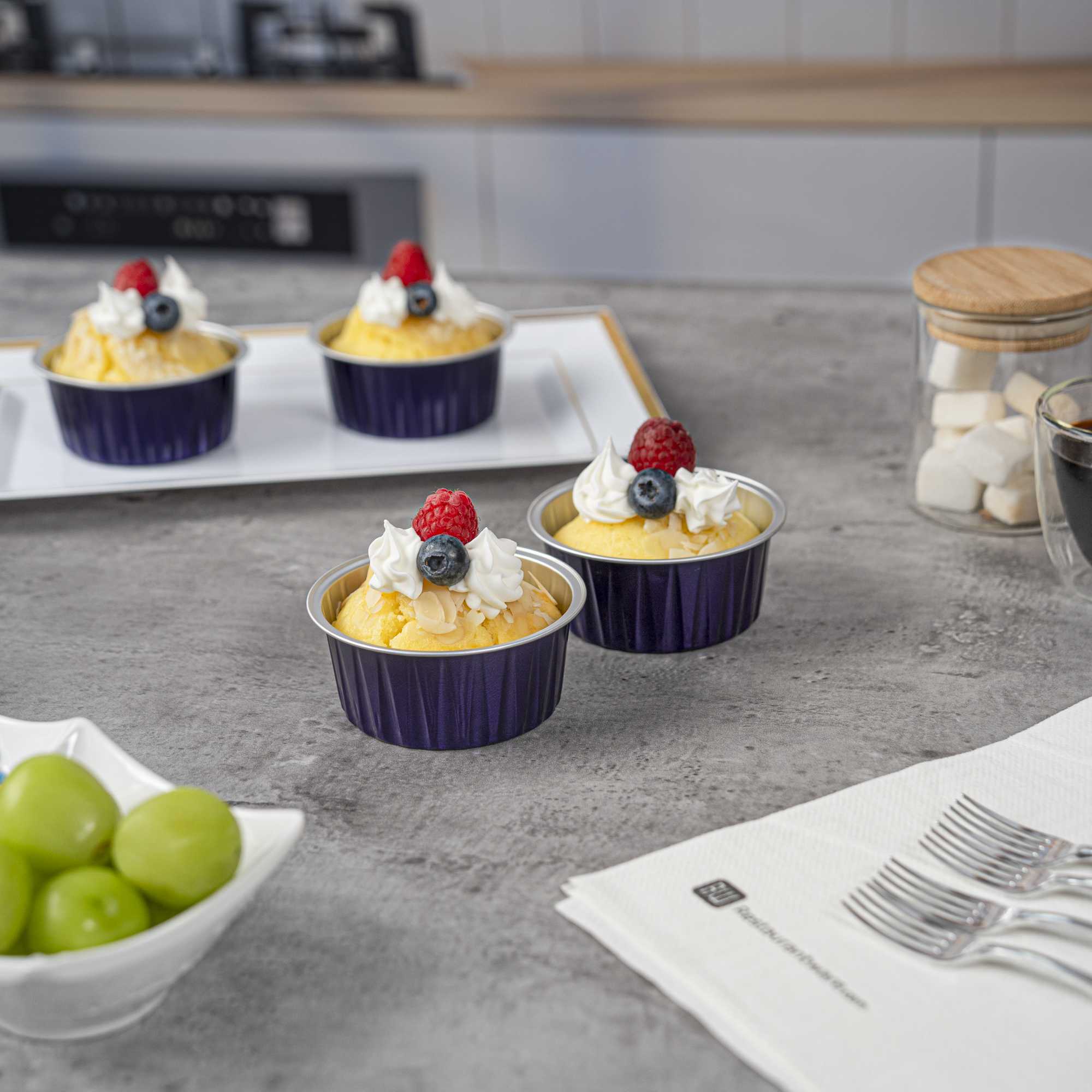 Foil Lux 4 oz Round Purple Aluminum Baking Cup - Lids Available - 3 1/4" x 3 1/4" x 1 1/2" - 100 count box