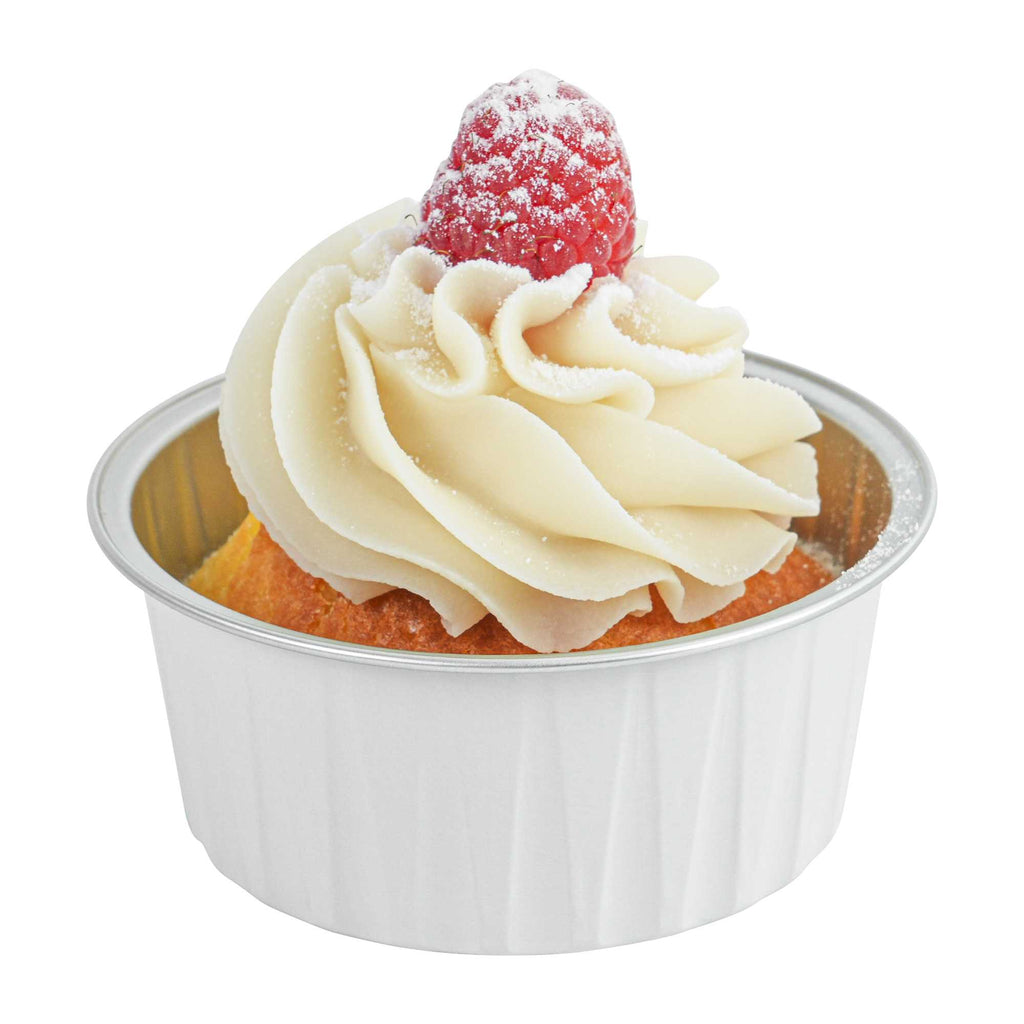 Foil Lux 4 oz Round White Aluminum Baking Cup - Lids Available - 3 1/4" x 3 1/4" x 1 1/2" - 100 count box