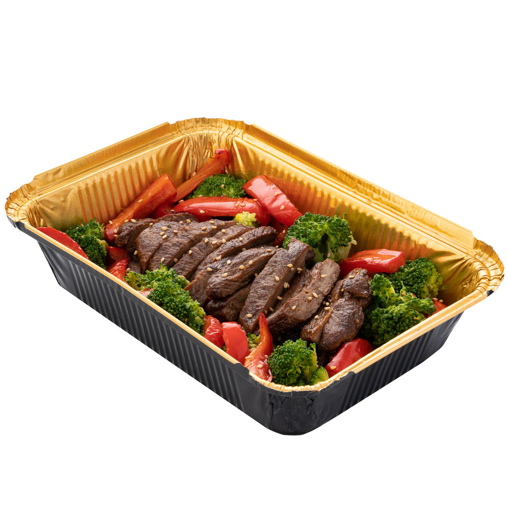Foil Lux 41 oz Rectangle Black and Gold Aluminum Container - 8 3/4" x 6" x 2 1/4" - 200 count box